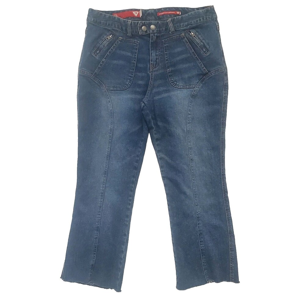 VTG GUESS Women's Jeans Size 34 Medium Wash Seamed Y2K Raw Hem Stretch Cropped - Picture 12 of 12